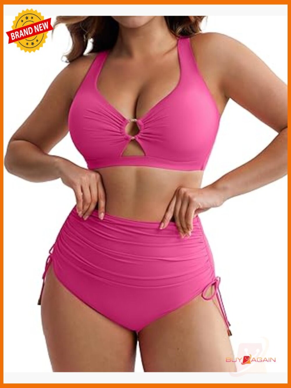 High Waisted Tummy Control Bikini Set with Deep V-Neck and Drawstring